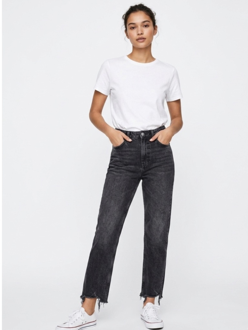 Zara High Rise Straight Leg Frayed Hem Button-fly Jeans Washed Black Size 4